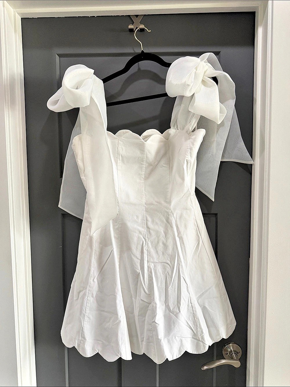 BHLDN Izzy Bow Scallop-Trim A-Line Mini Dress Bow Strap Mini Dress in White Size